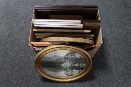 A box of early 20th century and later framed pictures including landscapes etc