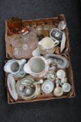 Two boxes of antique and later glass ware and china - wash jugs, salad bowl and servers,