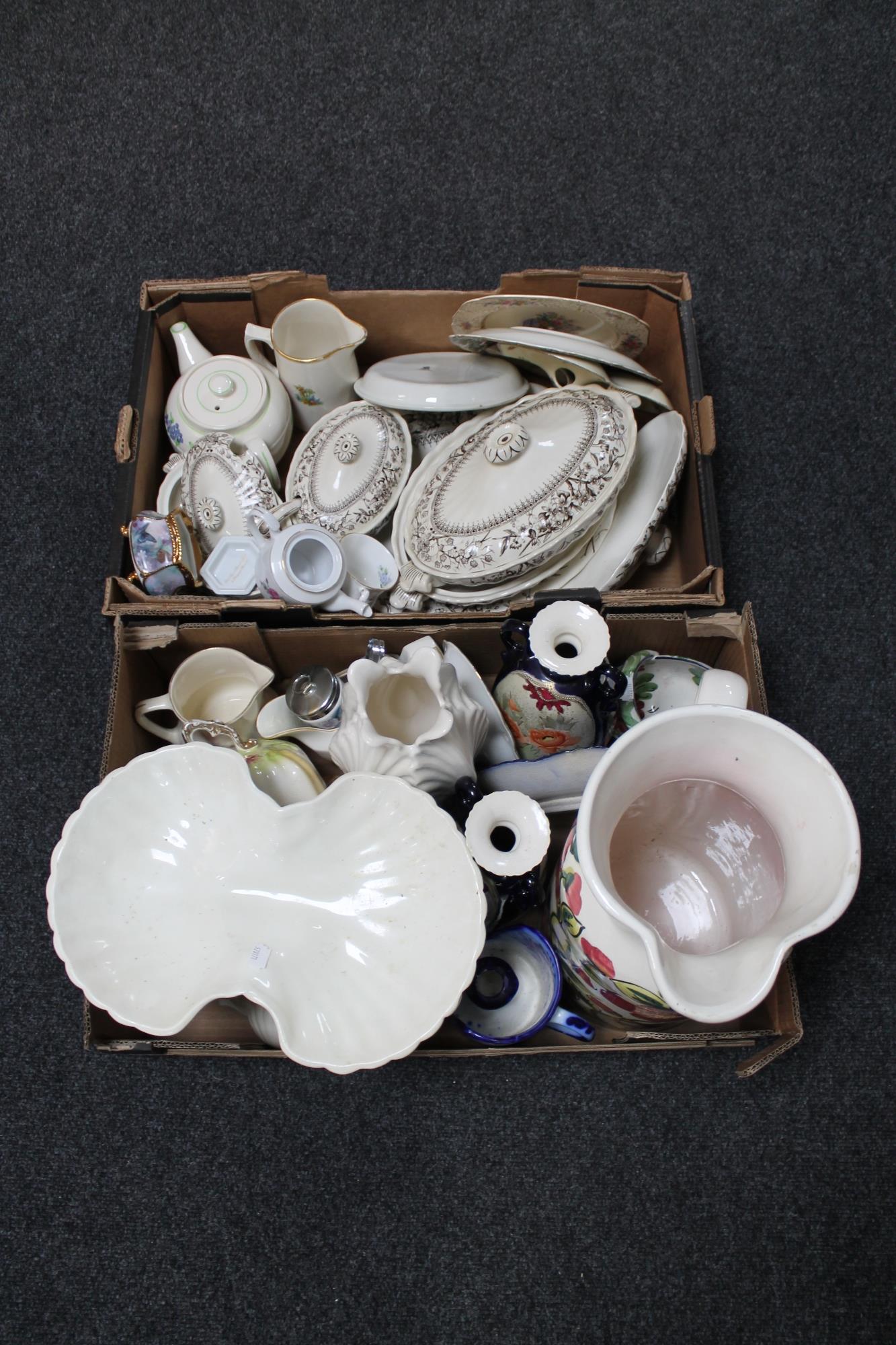 Two boxes of antique and later china to include leaf plates and soup tureens,