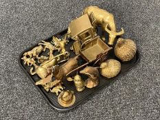 A tray of 20th century brass ornaments and figures