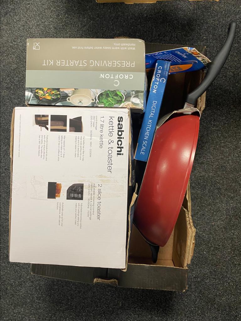 A box of Sabichi kettle and toaster, Crofton wok, preserving kit,