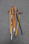 A bag of a collection of assorted walking sticks together with a litter picker