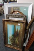 An oval gilt framed bevelled edge mirror together with four other pictures to include a pair of