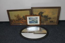 An oval stained pine framed mirror together with a framed painting of Bamburgh Castle and two