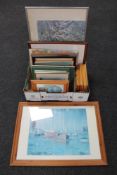 A box of assorted framed pictures and prints