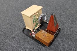 A tray of West German metronome, chrome gong on stand with beater,