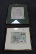 A framed antiquarian hand coloured map of Northumberland together with a framed G.