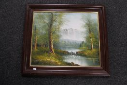 A mahogany framed oil on board, river in a wooded landscape,