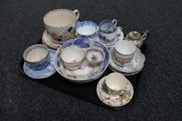 A tray of antique and later tea china - oriental teapots, blue and white tea cups, coffee cans,