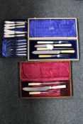 A tray of two cased antique carving sets and a cased canteen of EPNS fish cutlery (3)