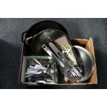 A box of assorted cutlery, cooking utensils,