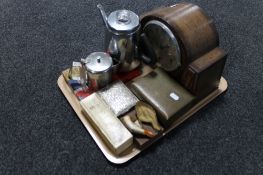 A tray of oak cased 1930's Enfield mantel clock, boxed cards and dominoes, metal trinket box,