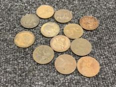 A bag of twelve 19th century Victorian and George IV Britannia pennies