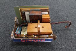 A box of concertina sewing box and contents, framed tapestries, tins, wooden walking stick,