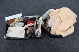 A box of vintage lady's hand bags, pair of boxed lady's Timothy Hitsman shoes,