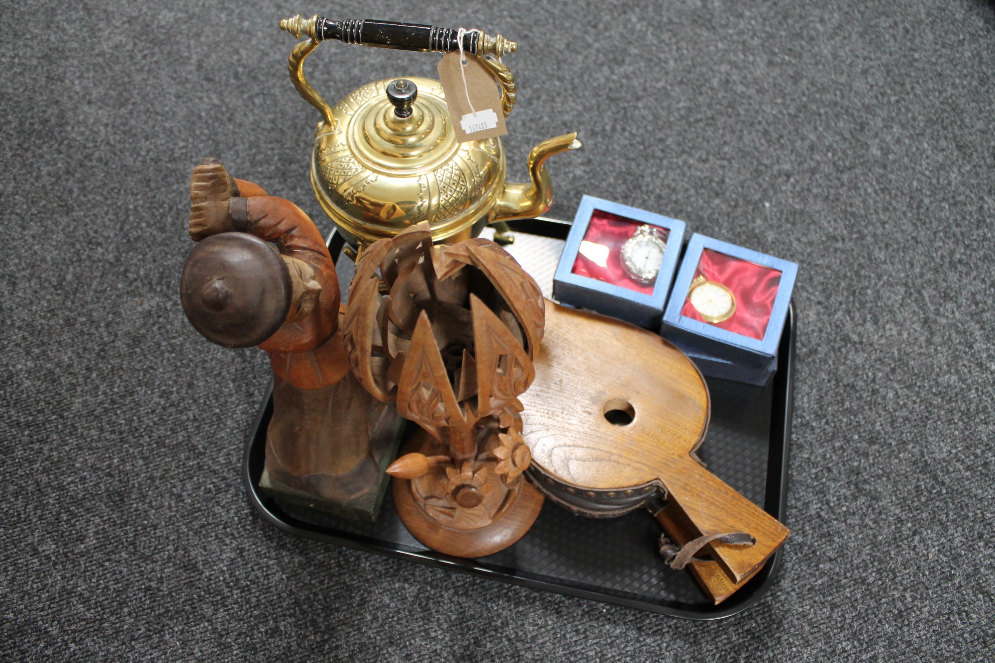 A tray of spirit kettle on stand, wooden bellows, four pocket watches,