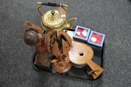 A tray of spirit kettle on stand, wooden bellows, four pocket watches,