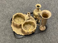 A tray of 20th century embossed brass ware - cobra candlesticks, vases, shaped tray,
