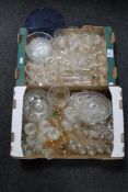 Two boxes of a large quantity of assorted drinking glasses, pressed glass bowls,