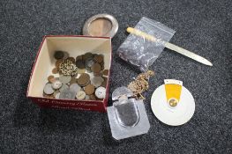 A box of silver photo frame, gilt watch chain, coins,