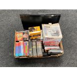 A box of eight Harry Potter paperback and hardback volumes, Harry Potter audio box sets, CD's,