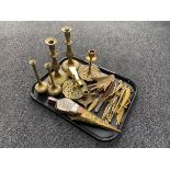 A tray of antique and later brass ware - embossed copper handled page turner, letter opener,