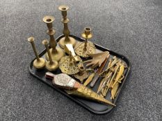 A tray of antique and later brass ware - embossed copper handled page turner, letter opener,