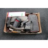 A box of Sharp camcorder, camera bag, lens,