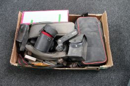 A box of Sharp camcorder, camera bag, lens,