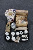 A tray of crested china, soap stone dolphin, Japanese coffee service in wicker basket,