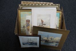 A box of assorted framed pictures and oils on canvas,