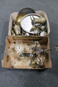 Two boxes of light fittings, plated ware, brass ware, serving trays, tea ware,