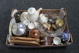 A box of Royal Doulton Damask Rose fifteen piece coffee service, treen tea caddy and biscuit barrel,