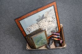 A box of four oil prints of animals, framed cloth panel,