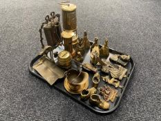 A tray of antique and later brass ware - miner's lamp, post box and barrel money boxes,