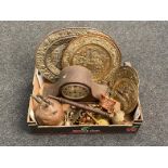 A box of copper and brass embossed plaques and trays, 1930's oak cased mantel clock,