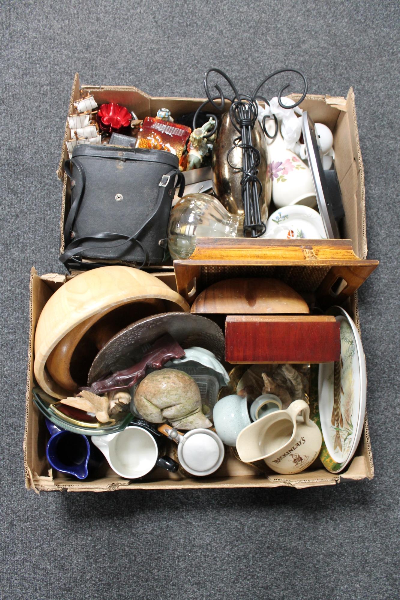 Two boxes of miscellaneous china, wooden pieces, cased binoculars, battery operated wall clock,