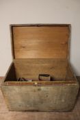 An antique pine box containing cobbler's last, car jack stand,
