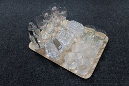 A tray of assorted glass ware to include claret jug, lidded table box and power bowls,