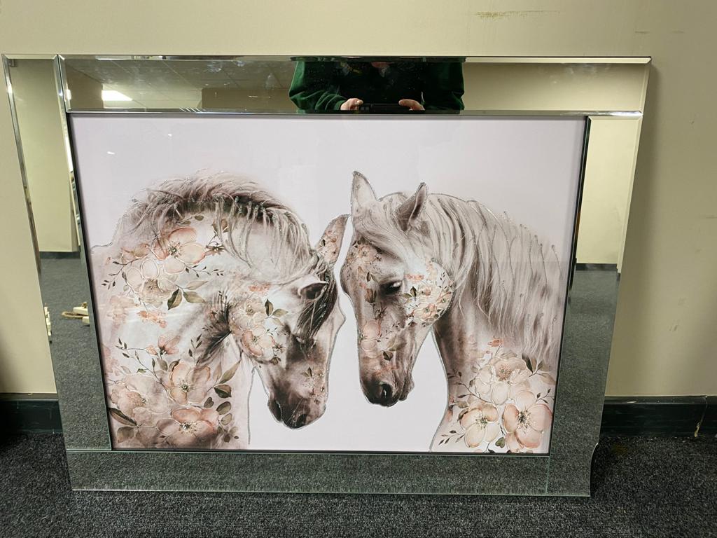 An all glass framed horse print with glitter decoration,