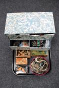 A tray of eight drawer chest, tins, trinket boxes of costume jewellery, necklaces,