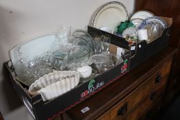 Two boxes of glass ware, Pyrex dishes, antique and later china, meat plates,