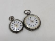 Two continental silver fob watches with enamel dials