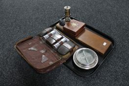 A tray of cased replica Spencer & Company barometer, further barometer, cased gent's travel set,