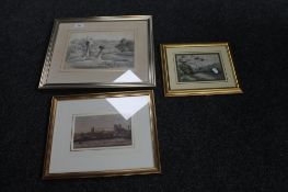 A gilt framed watercolour, Town and cathedral, by John Lewis Petit, together with a gilt framed E.