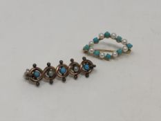 A 9ct gold turquoise and seed pearl brooch,