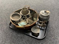 A tray of antique and later metal ware - copper twin handled pan, pewter lidded pot,