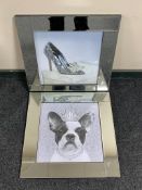 A pair of mirrored framed prints - French bull dog and a high heeled shoe