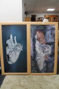 Two pine framed prints - white tigers