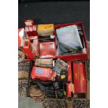 Three boxes of Hornby railways stations, accessories, track and control units,